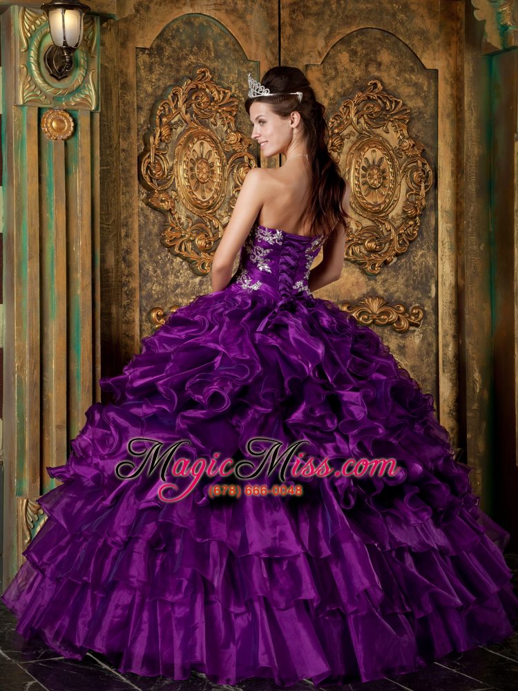 wholesale purple ball gown strapless floor-length organza ruffles quinceanera dress