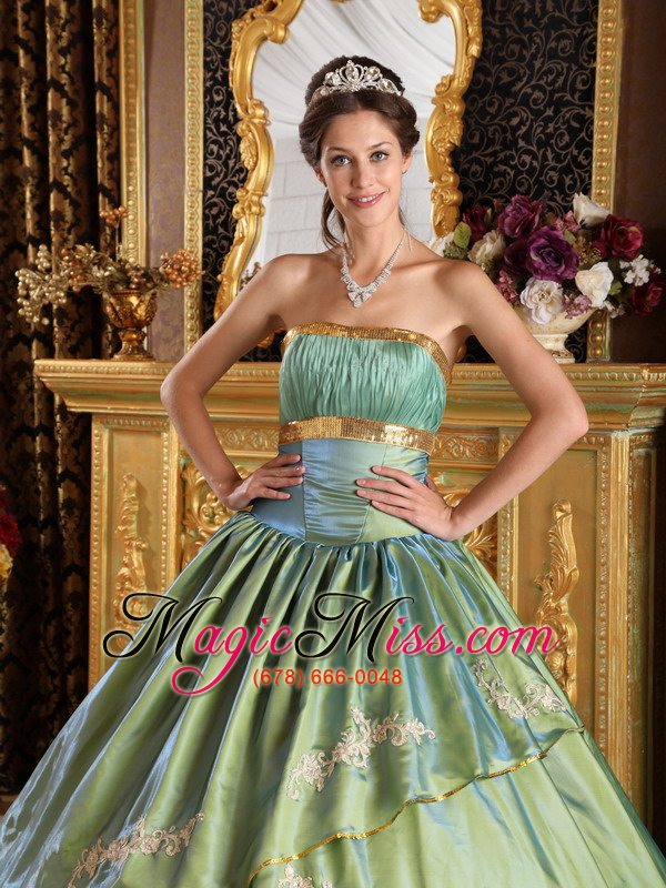wholesale olive green ball gown strapless floor-length taffeta and organza appliques quinceanera dress