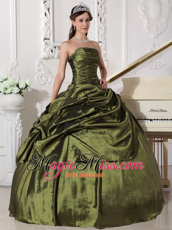 wholesale olive green ball gown strapless floor-length taffeta beading quinceanera dress