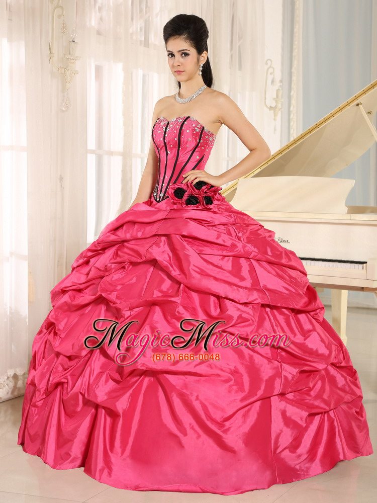 wholesale hot pink beaded and hand made flowers quinceanera dress with pick-ups for custom made in kapaa city hawaii