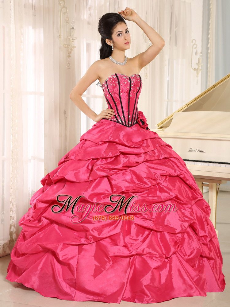 wholesale hot pink beaded and hand made flowers quinceanera dress with pick-ups for custom made in kapaa city hawaii