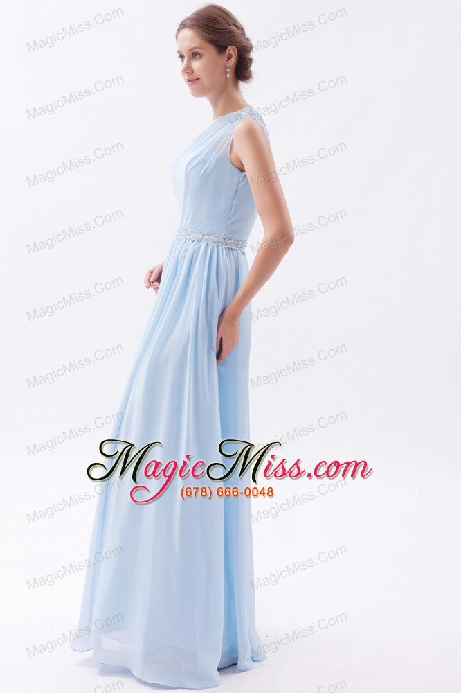 wholesale light blue empire one shoulder prom dress chiffon beading floor-length