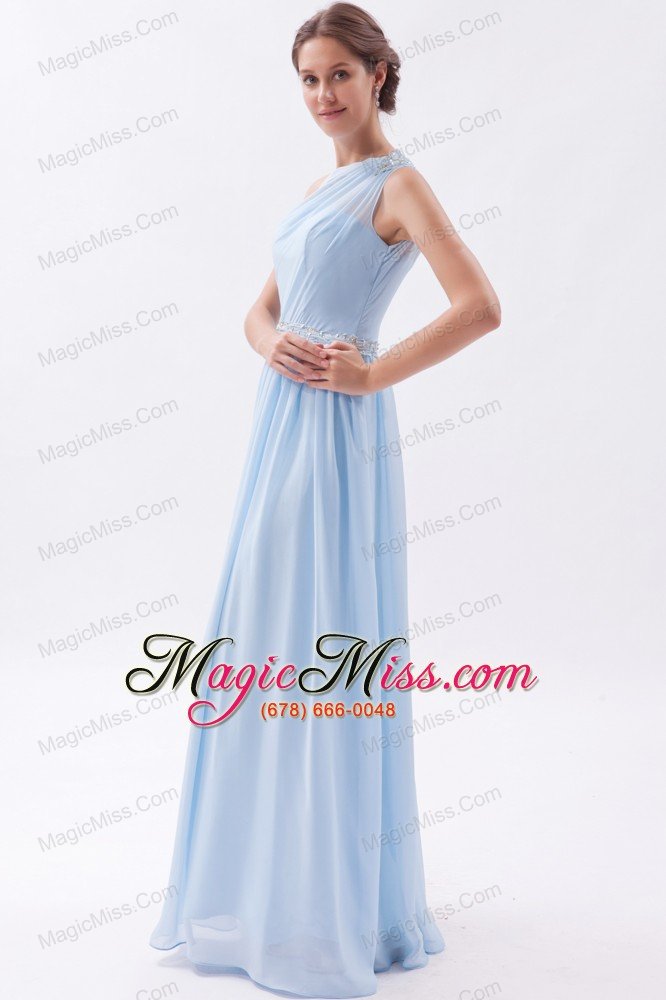 wholesale light blue empire one shoulder prom dress chiffon beading floor-length