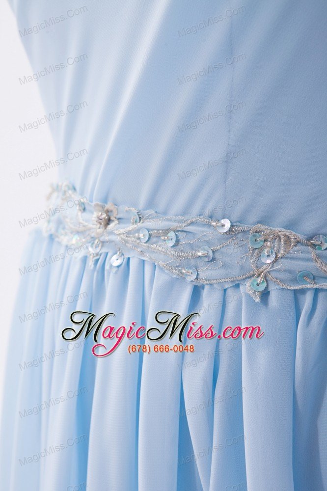 wholesale light blue empire one shoulder prom dress chiffon beading floor-length