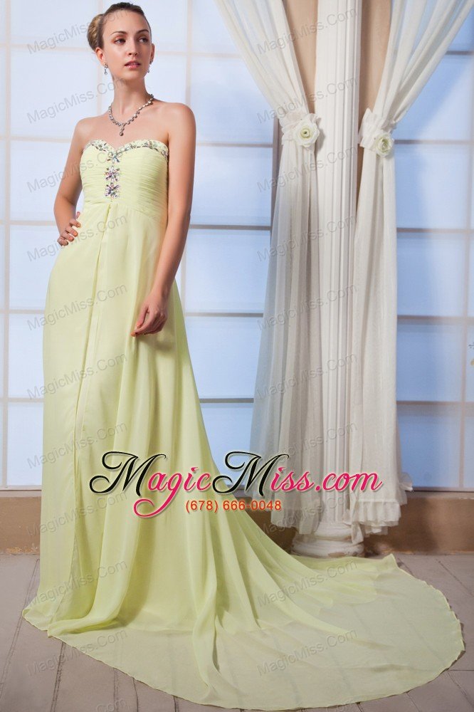 wholesale yellow green empire sweetheart beading prom dress brush train chiffon