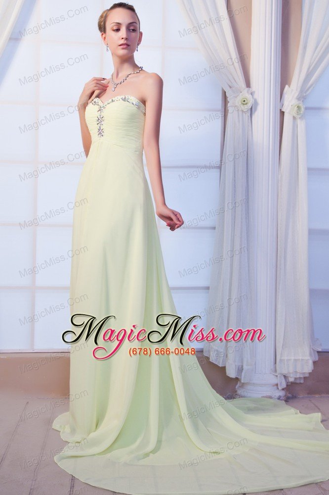 wholesale yellow green empire sweetheart beading prom dress brush train chiffon