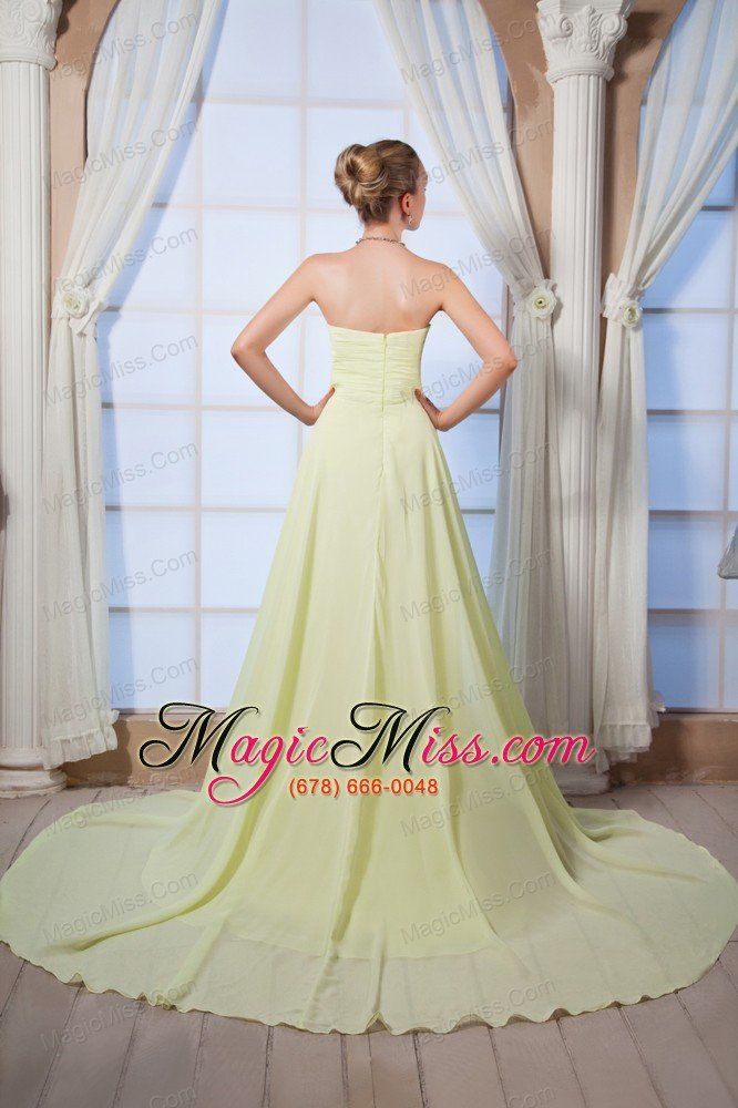 wholesale yellow green empire sweetheart beading prom dress brush train chiffon