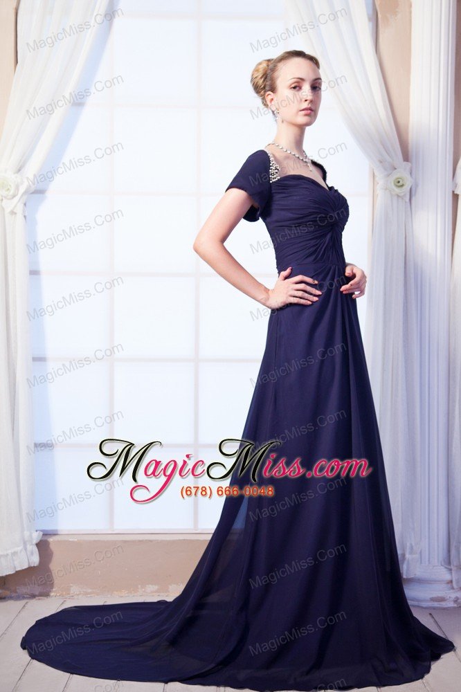 wholesale navy blue empire sweetheart prom dress chiffon beading brush train