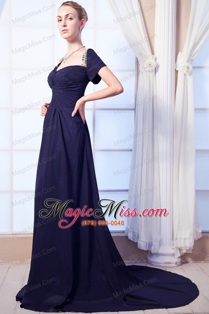 wholesale navy blue empire sweetheart prom dress chiffon beading brush train