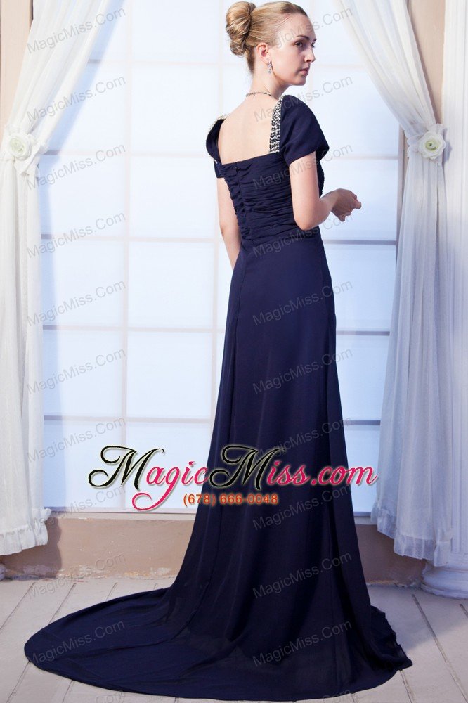 wholesale navy blue empire sweetheart prom dress chiffon beading brush train