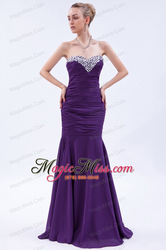 wholesale purple mermaid sweetheart brush train chiffon beading and ruch prom dress