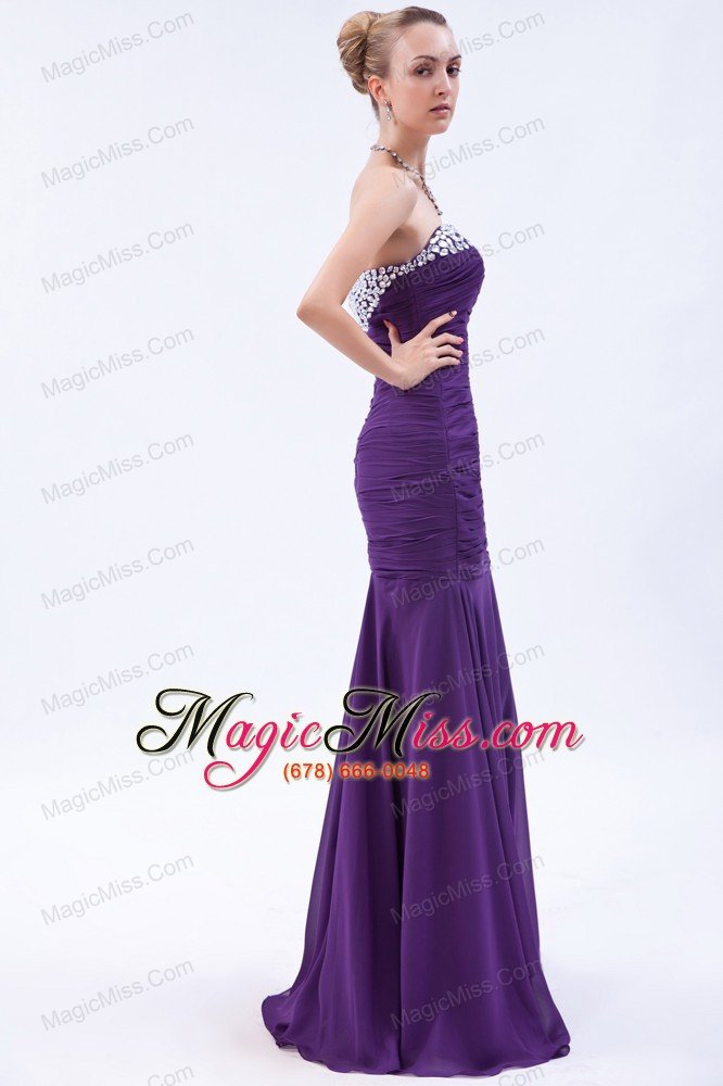 wholesale purple mermaid sweetheart brush train chiffon beading and ruch prom dress