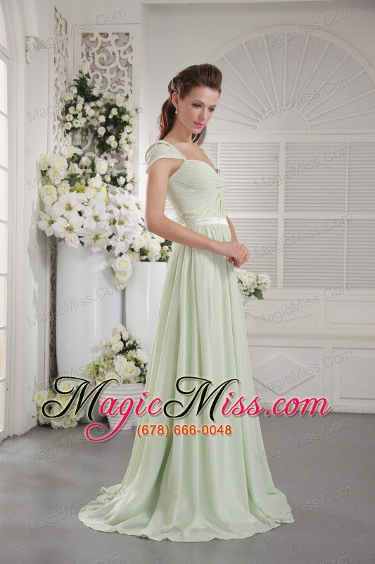 wholesale apple green empire off the shoulder brush train chiffon ruch prom dress