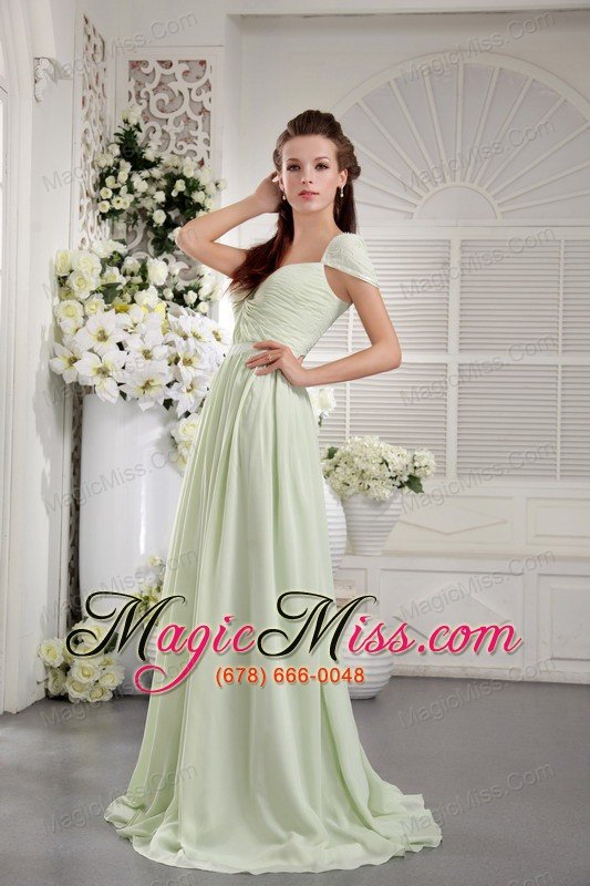 wholesale apple green empire off the shoulder brush train chiffon ruch prom dress