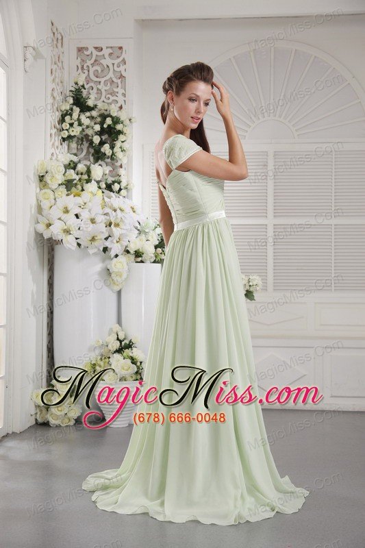 wholesale apple green empire off the shoulder brush train chiffon ruch prom dress