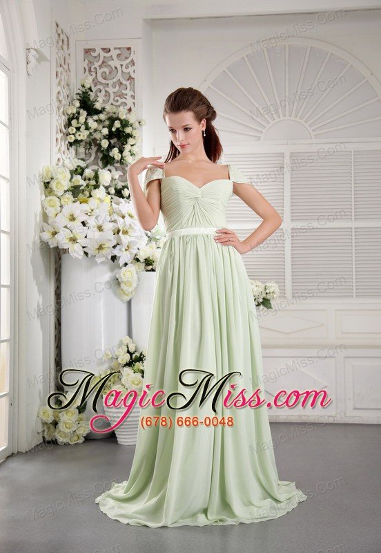 wholesale apple green empire off the shoulder brush train chiffon ruch prom dress