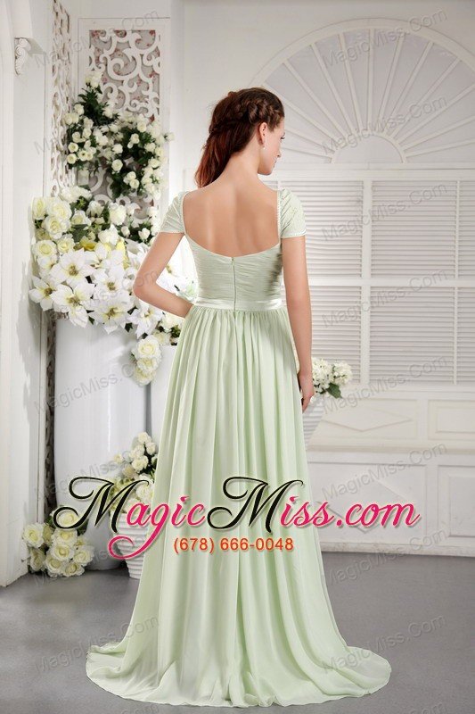 wholesale apple green empire off the shoulder brush train chiffon ruch prom dress