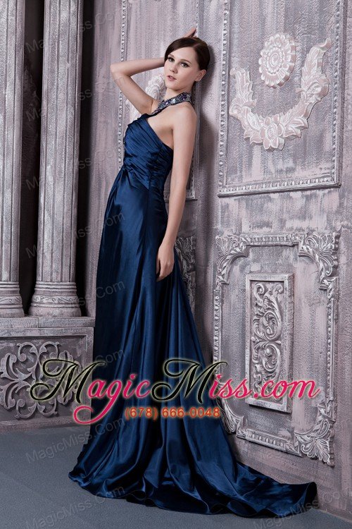 wholesale navy blue prom dress for custom made column halter brush train elastic woven satin beading