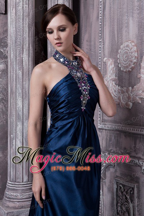 wholesale navy blue prom dress for custom made column halter brush train elastic woven satin beading