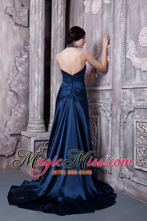 wholesale navy blue prom dress for custom made column halter brush train elastic woven satin beading