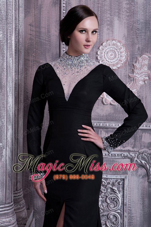 wholesale sexy black column mother of the bride dress high-neck chiffon beading brush train