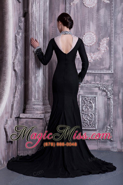 wholesale sexy black column mother of the bride dress high-neck chiffon beading brush train