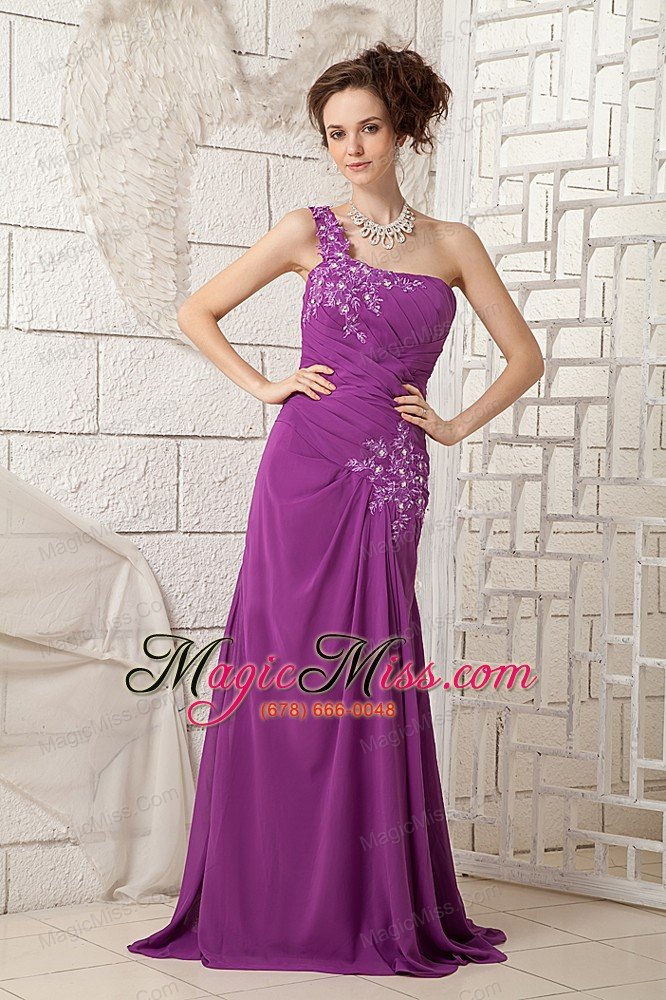 wholesale bright purple column one shoulder brush train chiffon appliques mother of the bride dress