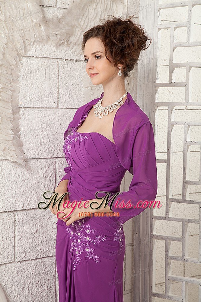 wholesale bright purple column one shoulder brush train chiffon appliques mother of the bride dress