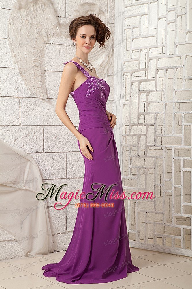 wholesale bright purple column one shoulder brush train chiffon appliques mother of the bride dress