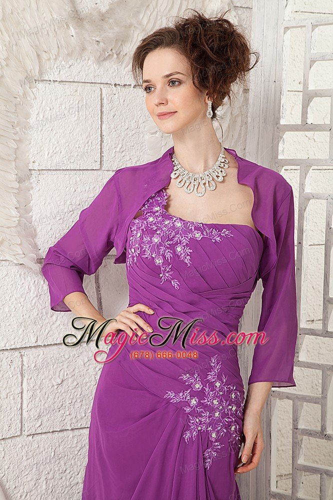 wholesale bright purple column one shoulder brush train chiffon appliques mother of the bride dress