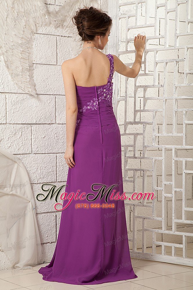 wholesale bright purple column one shoulder brush train chiffon appliques mother of the bride dress