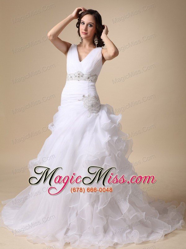 wholesale beautiful a-line v-neck court train taffeta and organza beading and ruffles wedding dress