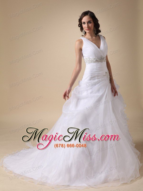 wholesale beautiful a-line v-neck court train taffeta and organza beading and ruffles wedding dress