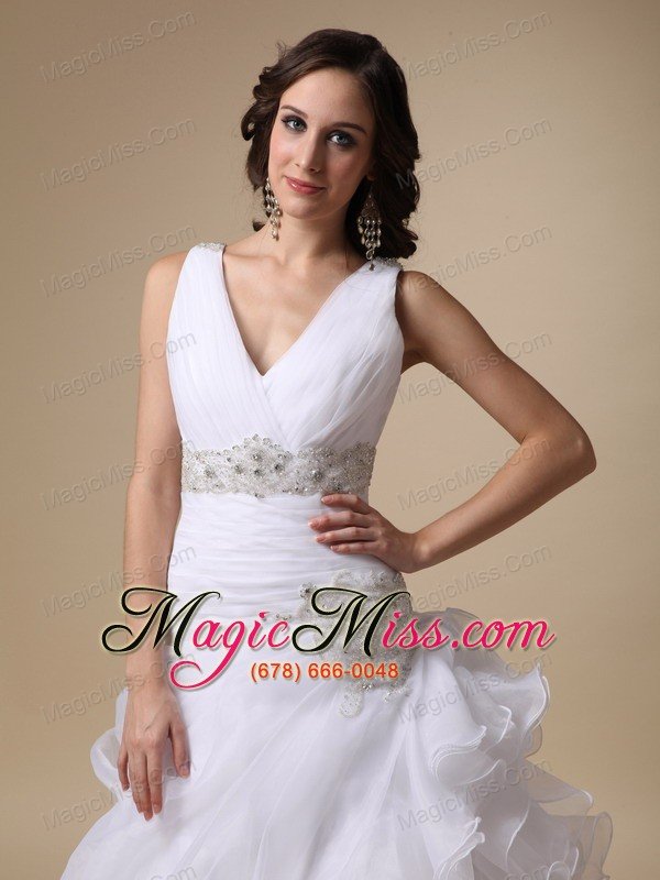 wholesale beautiful a-line v-neck court train taffeta and organza beading and ruffles wedding dress