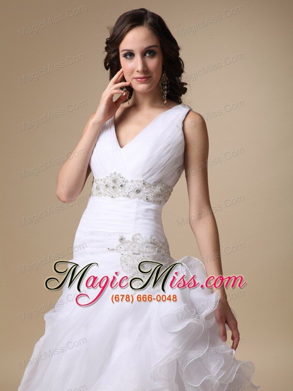 wholesale beautiful a-line v-neck court train taffeta and organza beading and ruffles wedding dress