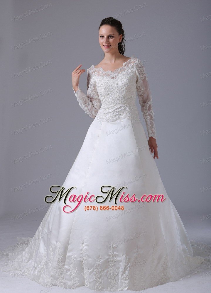 wholesale a-line v-neck long sleeves lace decorate wedding dress with court train in bloomfield connecticut