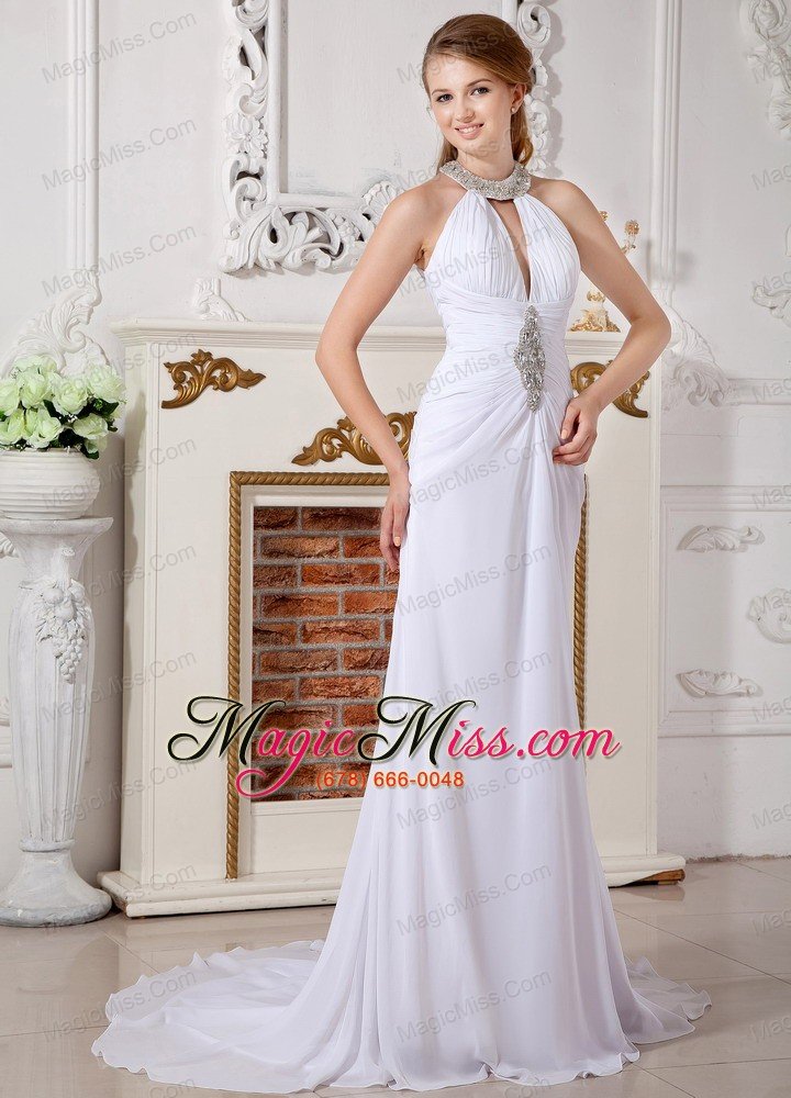 wholesale classical empire high-neck court train chiffon beading wedding dress