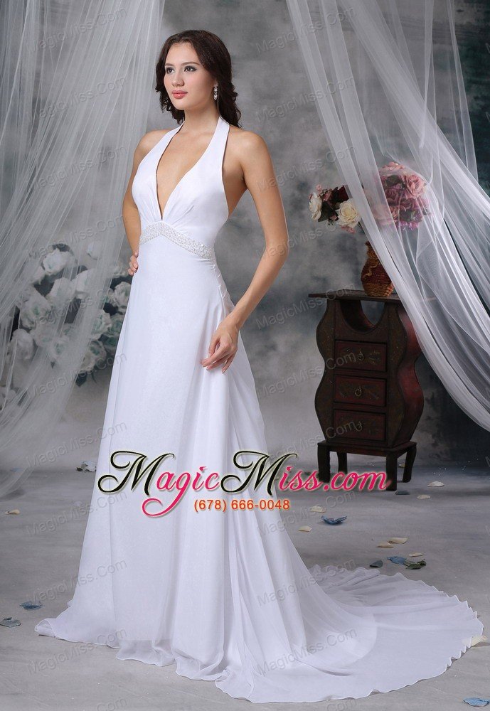 wholesale newton iowa halter top beaded decorate wasit court train chiffon sexy style wedding dress for 2013