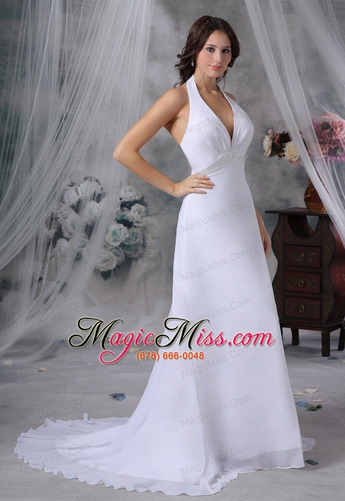 wholesale newton iowa halter top beaded decorate wasit court train chiffon sexy style wedding dress for 2013