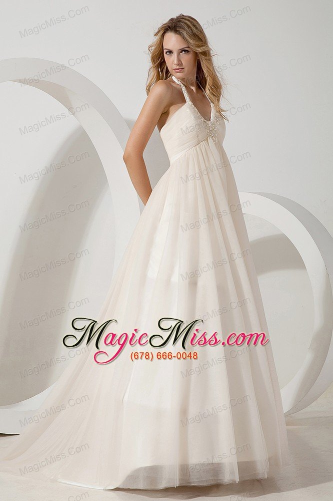 wholesale cheap a-line halter brush train tulle beading wedding dress