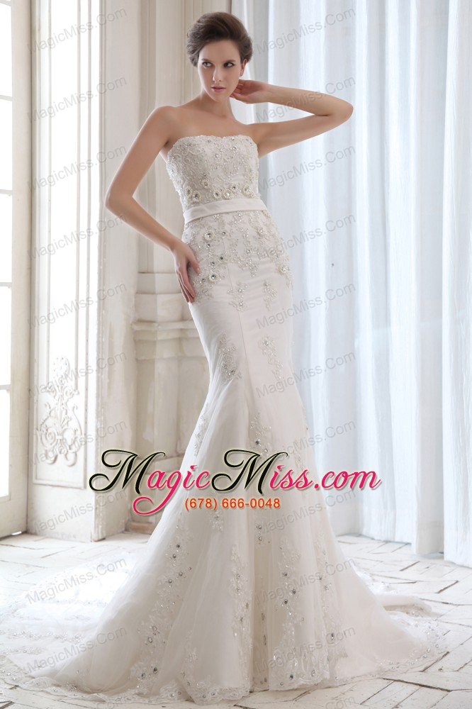 wholesale best mermaid strapless court train satin beading and appliques wedding dress