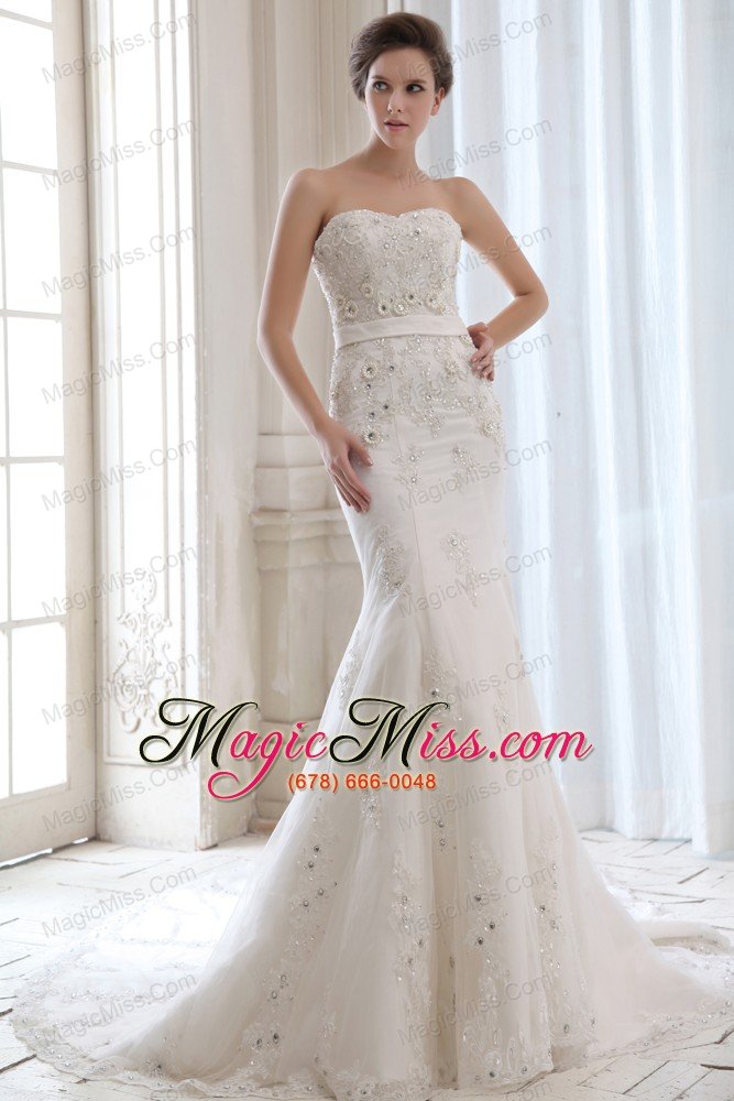 wholesale best mermaid strapless court train satin beading and appliques wedding dress