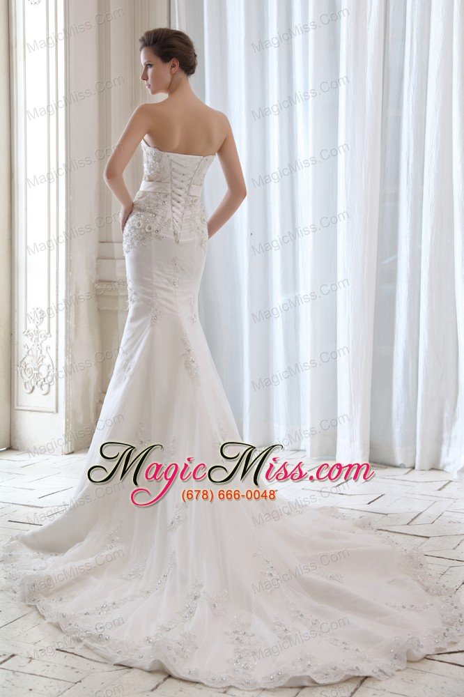 wholesale best mermaid strapless court train satin beading and appliques wedding dress