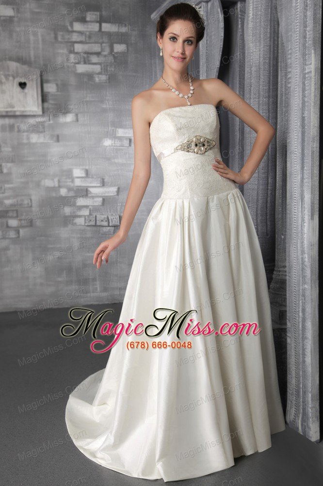 wholesale white column/sheath strapless court train taffeta lace wedding dress