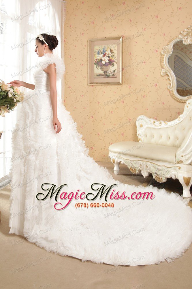 wholesale fashionbale a-line one shoulder chapel train taffeta and tulle beading wedding dress