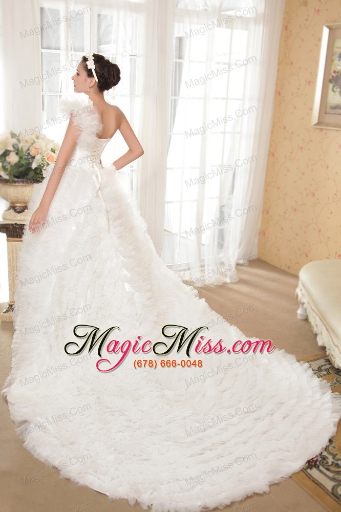 wholesale fashionbale a-line one shoulder chapel train taffeta and tulle beading wedding dress