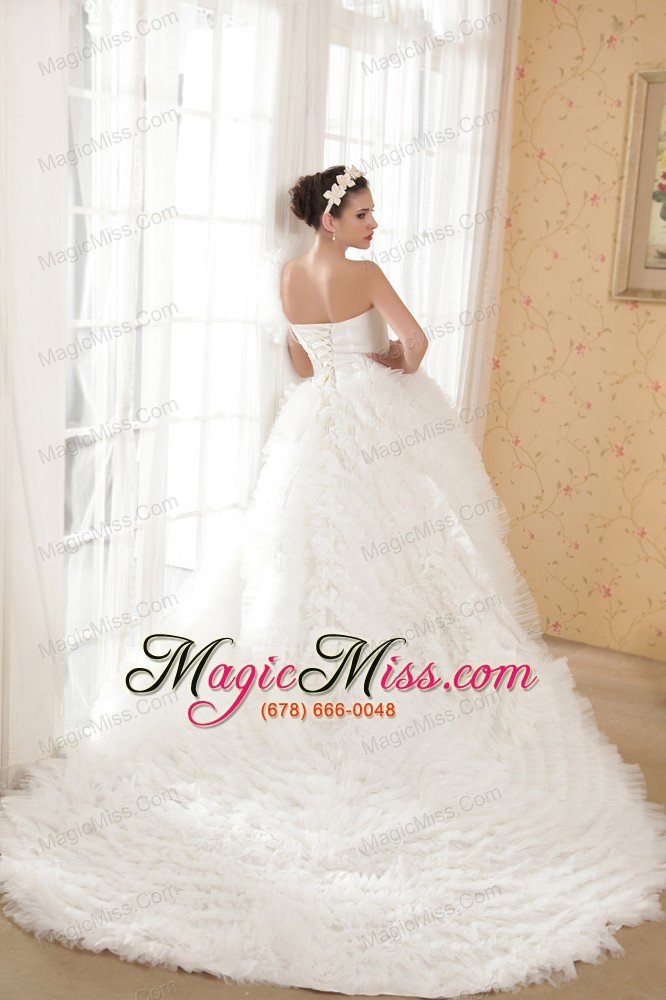 wholesale fashionbale a-line one shoulder chapel train taffeta and tulle beading wedding dress