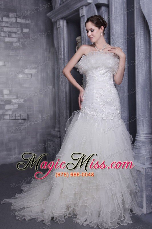 wholesale white mermaid strapless court train organza appliques wedding dress