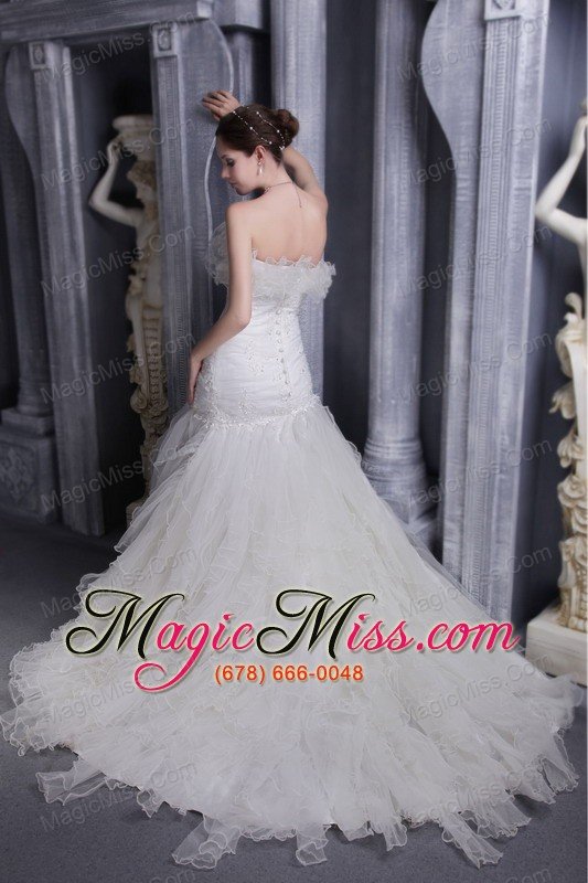 wholesale white mermaid strapless court train organza appliques wedding dress