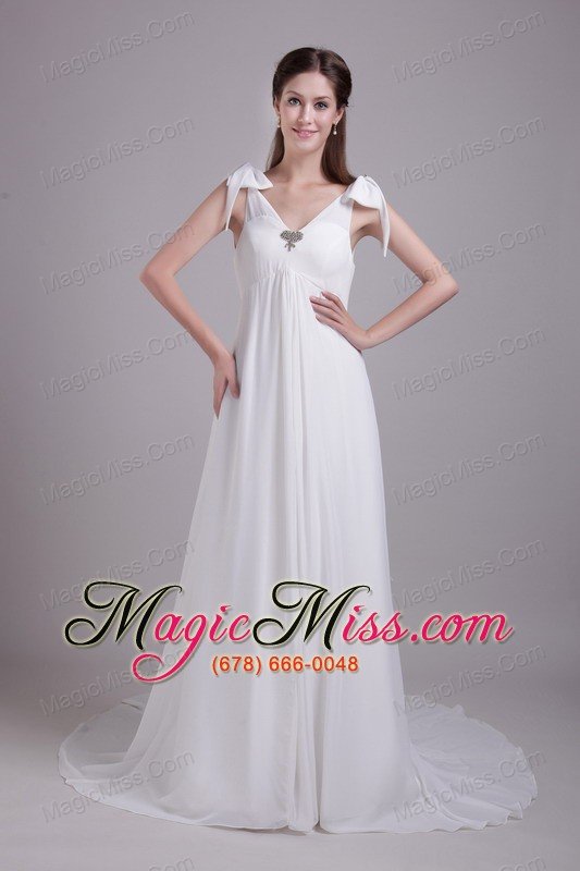 wholesale white empire v-neck brush train chiffon beading wedding dress